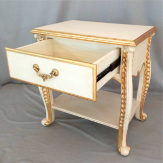 Bedside table white with gold carving and drawer.