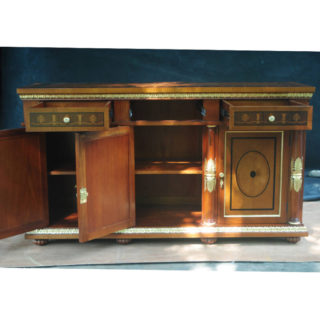 Dining sideboard, door with different wood types inlay, high shine finishing, gold-plated carvings.