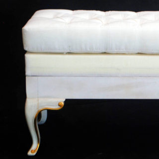 Long bench with baroque style legs - white with gilding, with high upholstery.